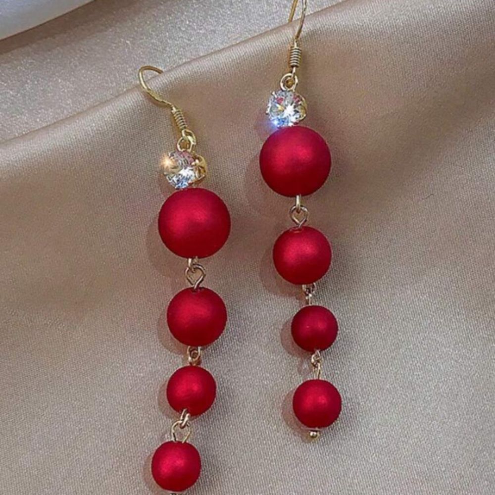 3for$20 NEW Long Imitation Pearl Chain Drop Earrings Elegant Red Beaded Earrings - Picture 3 of 4